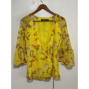 Lauren Ralph Lauren Floral Wrap Blouse S Yellow Flutter Slve Designer Coquette